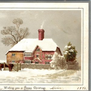 1889 Albert Bowers Christmas Large Victorian Trade Card Sussex Farmhouse RARE 5S