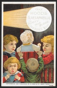 VICTORIAN TRADE CARD Hoods Sarsaparilla Several Kids in Theater The Great Show