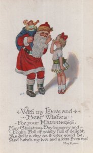 Santa With Sack Of Toy Dolls Antique May Byron Postcard