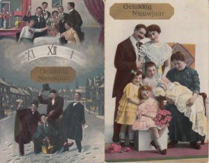 New Year clock 1929 people party family cheers champagne greetings postcards 