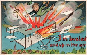 Fire on Bi-Plane Man in Air, I'm Busted and Up in the Air, Comic, Old Postcard