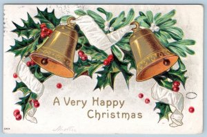 1908 A VERY HAPPY CHRISTMAS GOLD BELLS HOLLY RIBBON EMBOSSED ANTIQUE POSTCARD