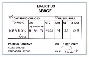 Postcard QSL CB Ham Radio Amateur Card From Vacoas Mauritius 3B8GF