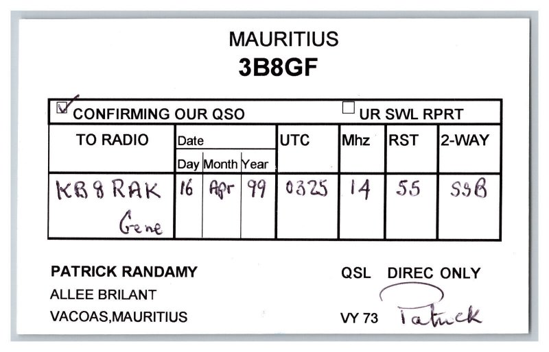 Postcard QSL CB Ham Radio Amateur Card From Vacoas Mauritius 3B8GF 