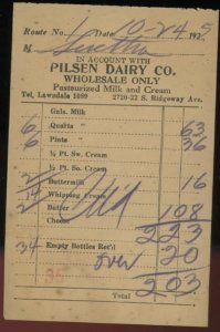 1925 CHICAGO IL PILSEN DAIRY CO. RIDGEWAY AVE WHOLESALE ONLY INVOICE 35-4