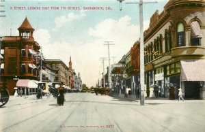 Vintage Postcard K Street East From 7th Sacramento CA Kropp 6027 Cafe Rex