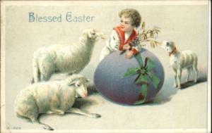 EASTER Little Boy w Lambs & Giant Egg c1910 Postcard