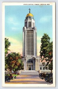 State Capitol Tower, Lincoln Nebraska, Old Cars, Linen Postcard P9