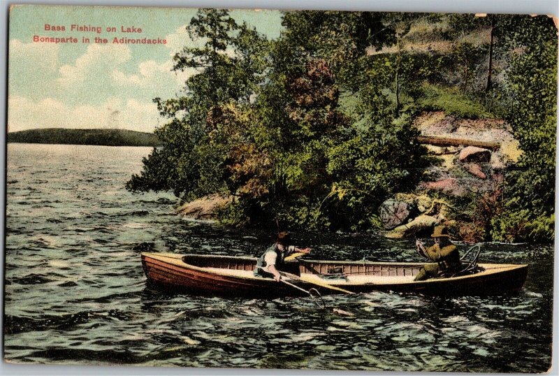 Bass Fishing on Lake Bonaparte in the Adirondacks NY Vintage Postcard T27