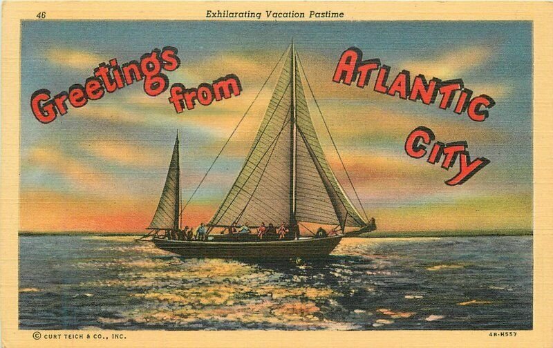 New Jersey Atlantic City Sailboat Civic Booster Teich Postcard linen 22-4872