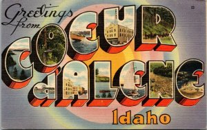 Vtg Large Letter Greetings From Coeur d'Alene Idaho ID Linen Unposted Postcard