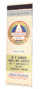 Auto Insurance Advertising W. P. Surbar Gen'l Ins. 20 Strike Matchbook Cover