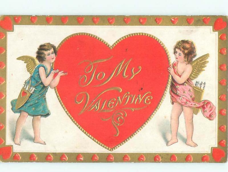 Pre-Linen Valentine CUPIDS WITH LARGE HEART AB3164