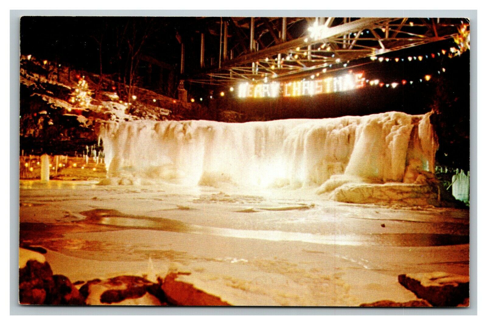 Vintage 1960's Postcard Annual Christmas Lighting Frozen Ludlow Falls Ohio United States