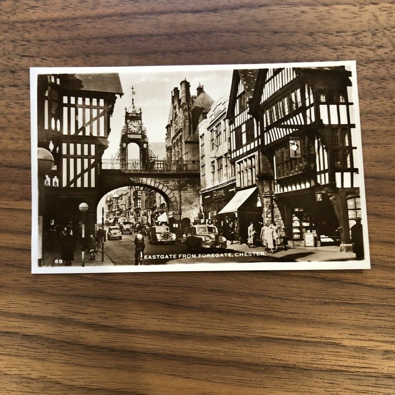 Chester Eastgate from Foregate showing Old Cars RPPC VINTAGE POSTCARD