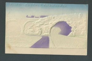 1907 Post Card Phila PA River Drive & Tunnel Blue White & Purple Airbrushed--
