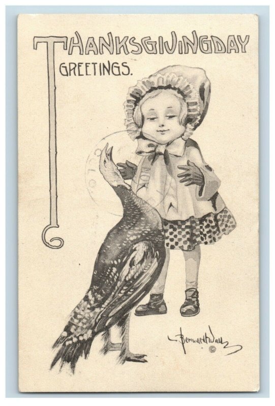 Circa 1910 Young Girl Bonnet Coat Gloves Turkey Thanksgiving Postcard P2