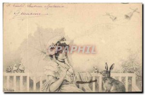 Postcard Old Woman Bunny Rabbits Chicks