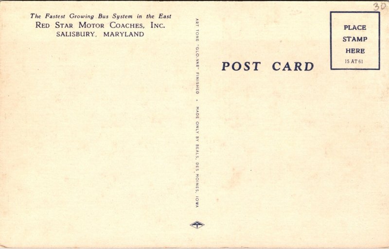 Red Star Trailways Bus Postcard Salisbury Maryland Beals Glo Var 1950s Linen VTG