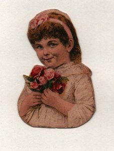 Vintage 1890's Victorian Cut Out - Cute Girl with Pink & Red Roses