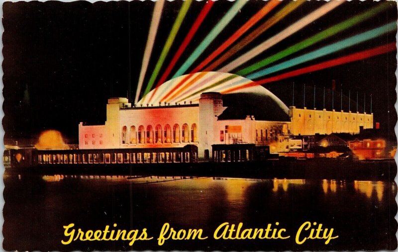 Greeting Atlantic City NJ New Jersey Night Scene Conventional Hall VTG Postcard  