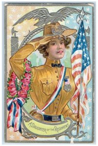 c1910's Woman Soldier A Daughter Of The Regiment Flag Flowers Embossed Postcard