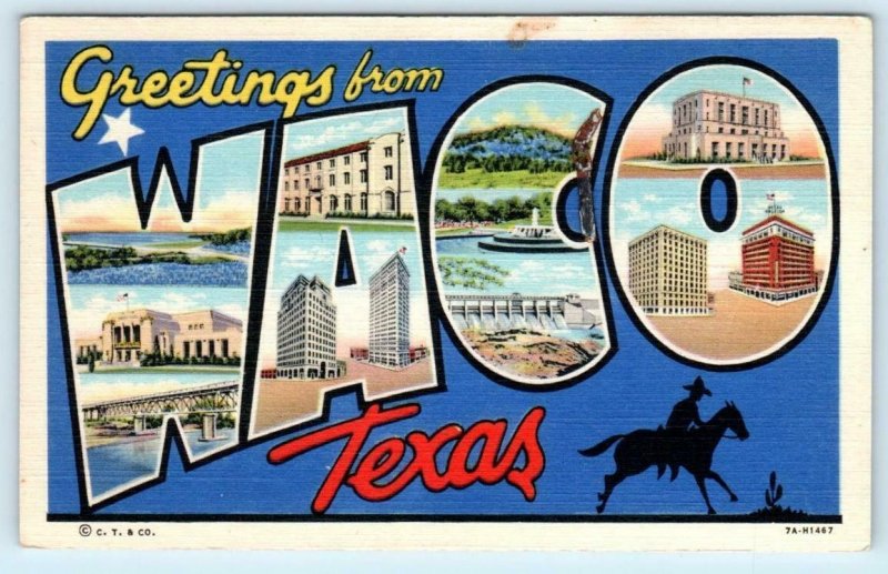 Large Letter Linen WACO,  TEXAS  TX ~ 1943 Curteich Postcard