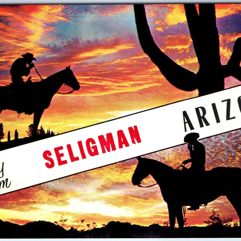 c1970s Seligman, AZ Greetings from Sunset Cowboy Horse Smoking Unposted 4x6 M13