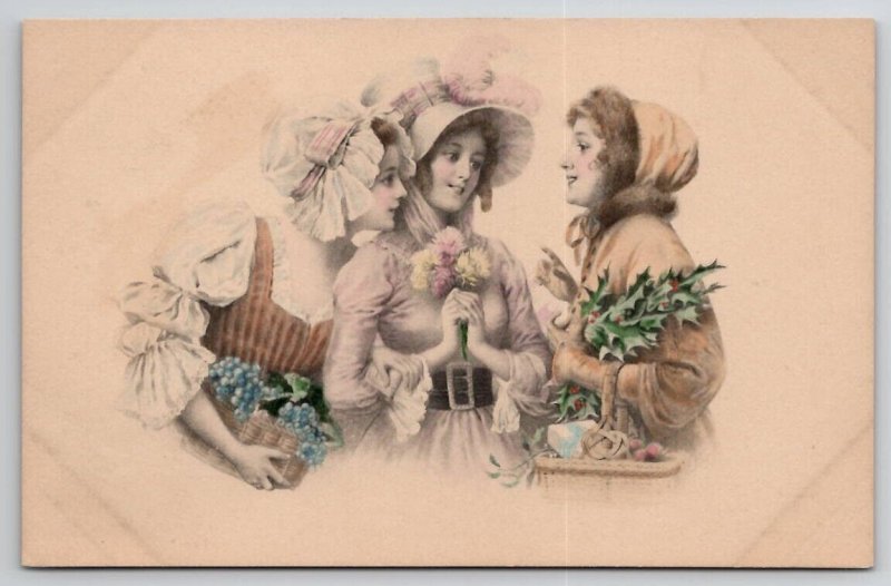 MM Vienne Lovely Ladies In Bonnets With Flowers Holly Hand Colored Postcard B46
