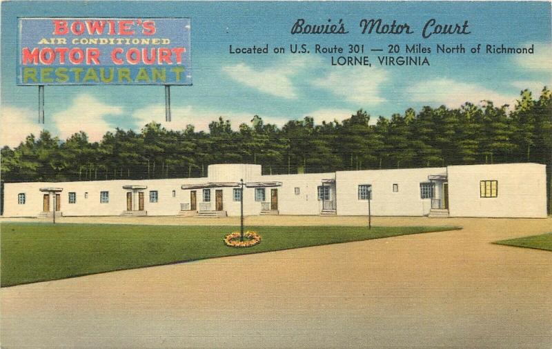 Linen Postcard Bowie's Motor Court Motel US Rte 301 Lorne VA Unposted Nice