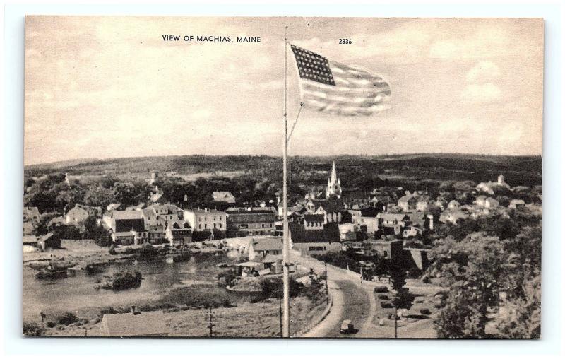 Postcard ME Machias Airview of Town Vintage Linen G10