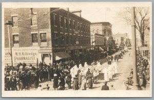 ROCKLAND ME STREET PARADE w/ AMERICAN FLAG ANTIQUE REAL PHOTO POSTCARD RPPC