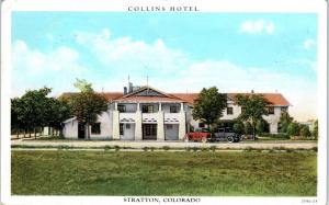 STRATTON, CO Colorado  COLLINS  HOTEL  1930  Cars  Roadside   Postcard