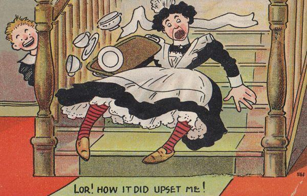 French Maid Falling Down Stairs Breaking Cups Plates Antique Old Comic Postcard