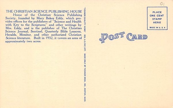 Christian Science Publishing Building Boston, Massachusetts Postcard