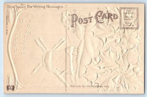c1910's Christmas Windmill Holly Berries Airbrushed Embossed Antique Postcard