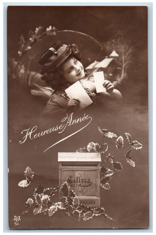 France Postcard RPPC Photo New Year Pretty Girl Angel With Letters c1910s Posted