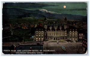 Colorado Springs Colorado CO Postcard Pikes Peak Antlers Hotel Moonlight c1910