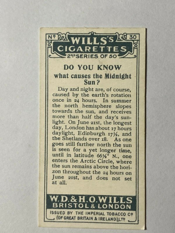 CIGARETTE CARD - WILLS DO YOU KNOW [2nd SERIES] #30 MIDNIGHT SUN  (UU297)