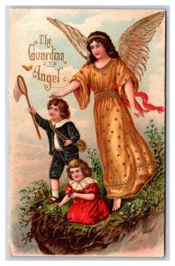 Guardian Angel Children Chasing Butterflies Over Cliff Embossed DB Postcard H26