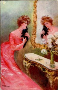 CMI3917 artist signed mary horsfall pretty woman mirror vintage dress 1910