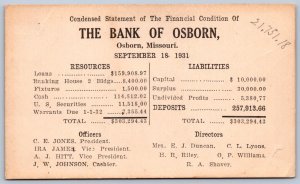 K31/ Osborn Missouri Postcard c1931 Bank of Osborn Postal Statement 228