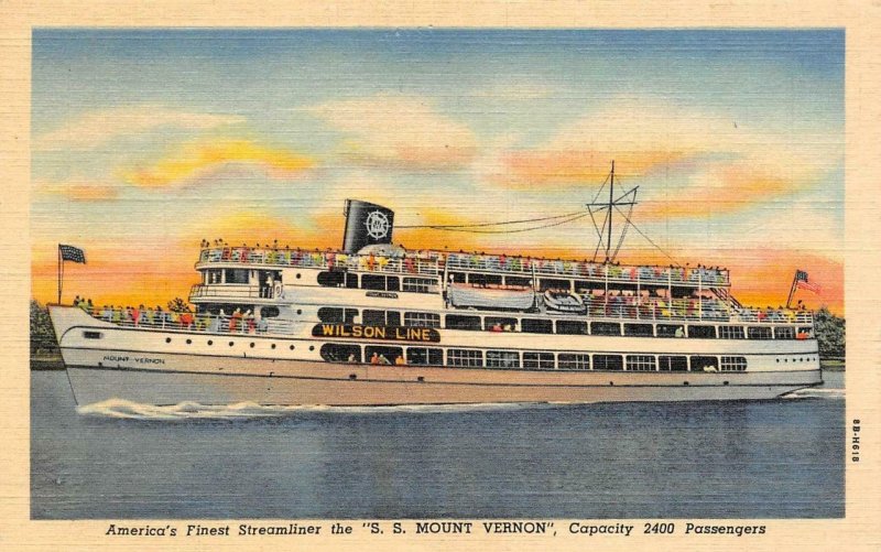 Washington, D.C. Streamliner SS MOUNT VERNON~Wilson Lines Ship  c1940's Postcard