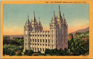 Mormon Temple Salt Lake City Utah UT Sunset Linen Postcard Curteich VTG UNP 