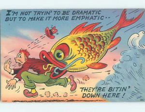 Linen-ish comic exaggeration HUGE FISH CHASES AFTER MAN FISHING HL3521