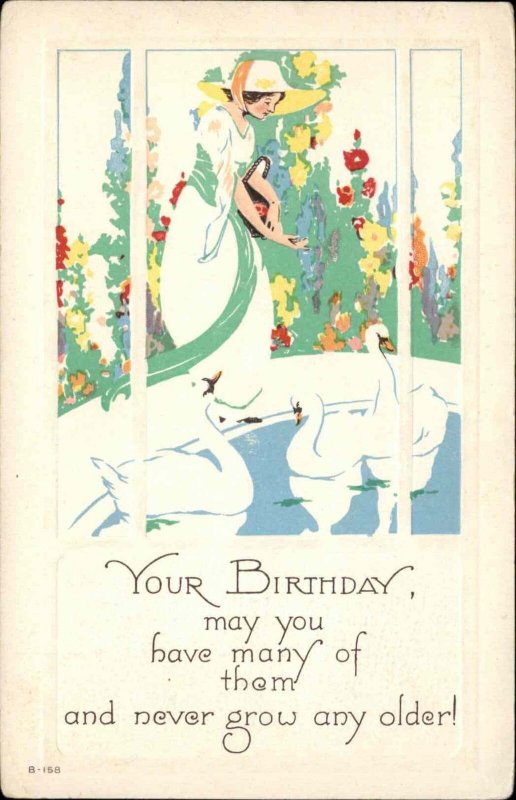 Birthday Beautiful Woman Feeding Swans c1910 Vintage Postcard