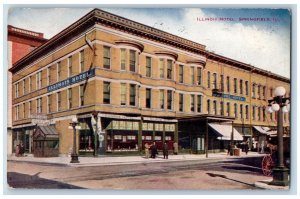 Springfield Illinois IL Postcard Illinois Hotel Exterior Roadside 1917 Shops