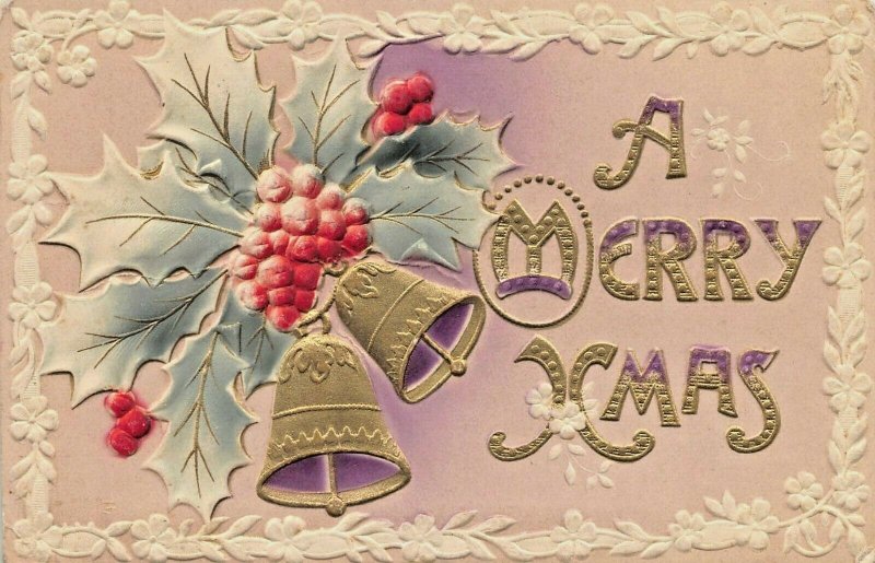 A MERRY CHRISTMAS~HEAVILY EMBOSSED-AIR BRUSHED-GILT~1910s POSTCARD