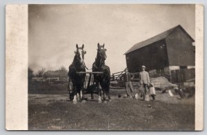 RPPC Farm Life Men Children Horse Team With Plow Real Photo Postcard S22