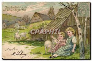 Old Postcard Fancy Happy Easter Sheep Children